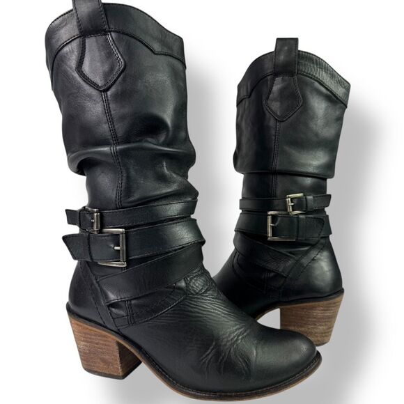 Aldo Vintage Western Go Go Boots High Heeled Black Leather Moto Biker 7.5 - 8 - Picture 2 of 11